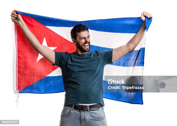 Cuban Fan Celebrating On White Background Stock Photo - Download Image ...
