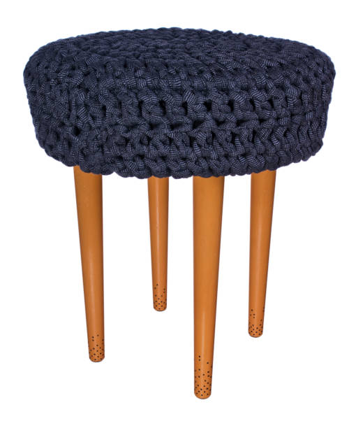 istock Handmade stool yellow with black dots. Round seat in blue material. 846351354