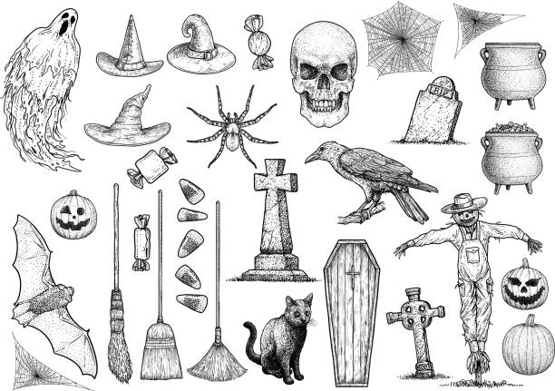 Halloween collection illustration, drawing, engraving, ink, line art, vector Illustration, what made by ink, then it was digitalized. spooky illustrations stock illustrations