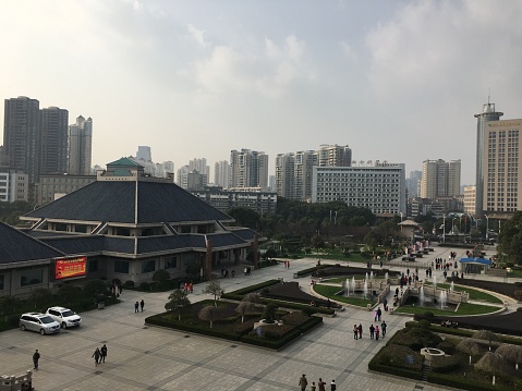 Wuhan China, 9 February 2017: Exterior View on Hubei Provincial Museum building in Wuhan with chinese tourists