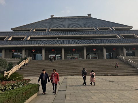 Wuhan China, 9 February 2017: Exterior View on Hubei Provincial Museum building in Wuhan with chinese tourists