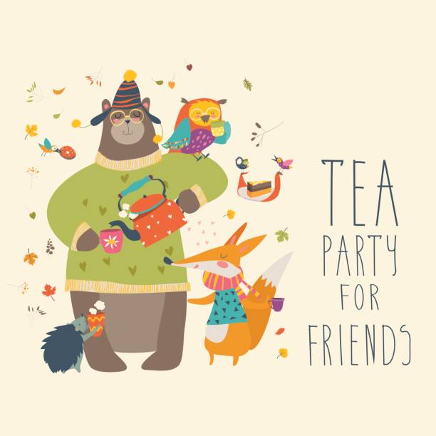 tea-party mit niedlichen tieren - party tea party tea child stock-grafiken, -clipart, -cartoons und -symbole