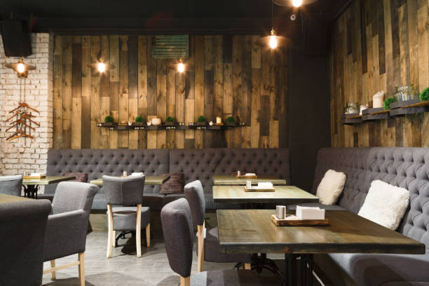 Cozy wooden interior of restaurant, copy space