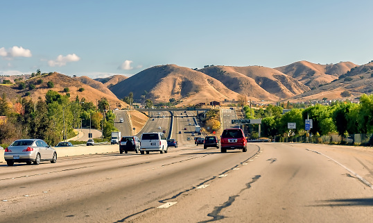 View of traffic on the 101 Ventura Freeway south at Lost Hills exit, in Southern California.