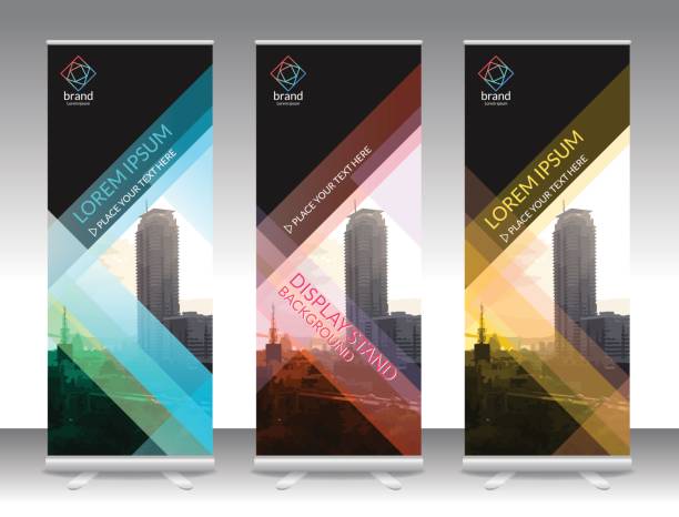 Vertical display banner stand roll up design background layout template Set of vertical abstract display banner stand or roll up design background layout template with copy space roll up banner photos stock illustrations