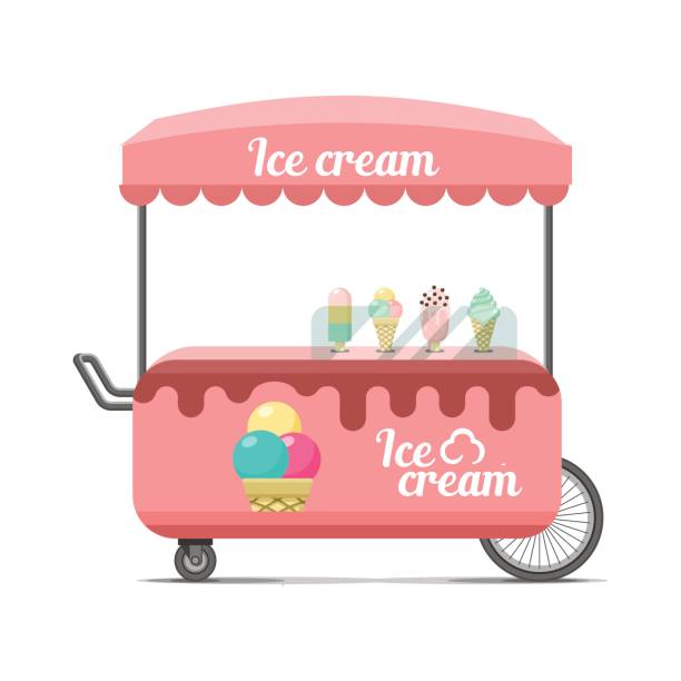 ilustraciones, imágenes clip art, dibujos animados e iconos de stock de carrito de comida callejera de helados. vector colorido de la imagen - quick cookies