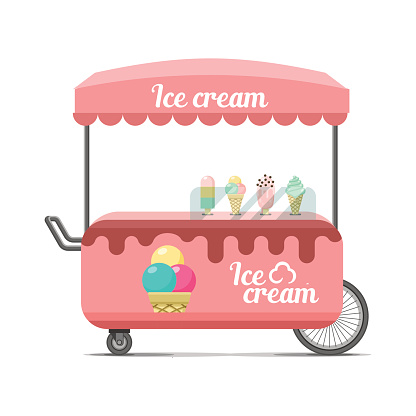 Ice cream street food cart. Colorful vector illustration, cute style, isolated on white background