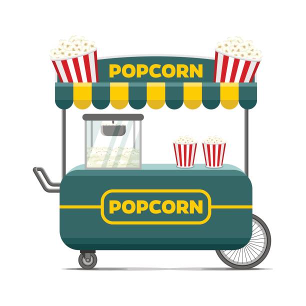 Popcorn street food cart. Colorful vector image Popcorn street food cart. Colorful vector illustration, cute style, isolated on white background popcorn snack bowl isolated stock illustrations