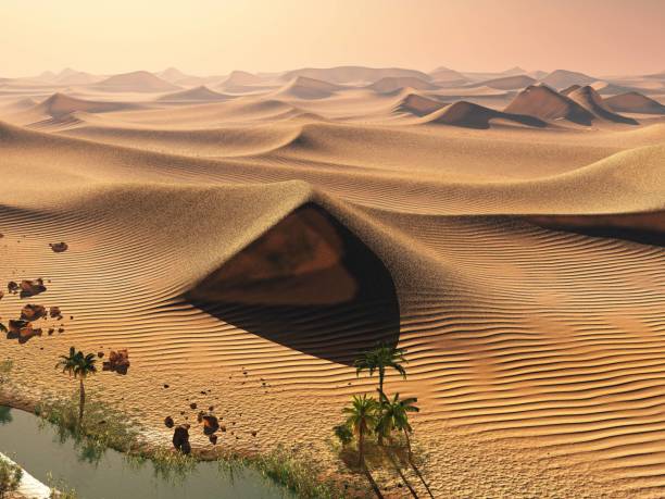 istock Global warming concept. Lonely sand ridges under dramatic evening sundown sky at drought desert scenery 3d rendering 846381618