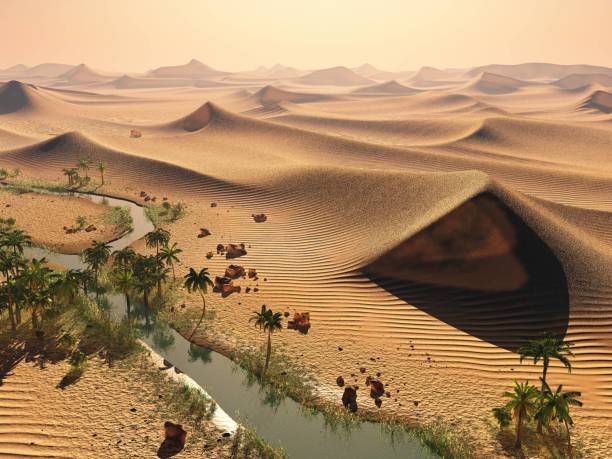 istock Global warming concept. solitary sand dunes under impressive evening sundown sky at drought desert scenery 3d rendering 846381734