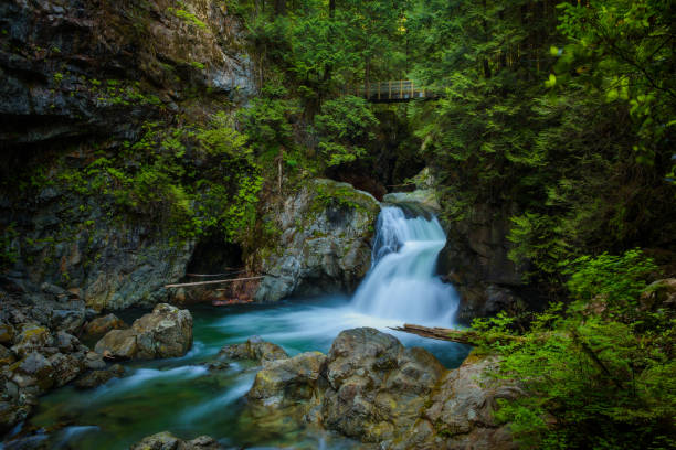 Twin Falls in Lynn Canyon Park with footbridge, North Vancouver, Canada. Long exposure.