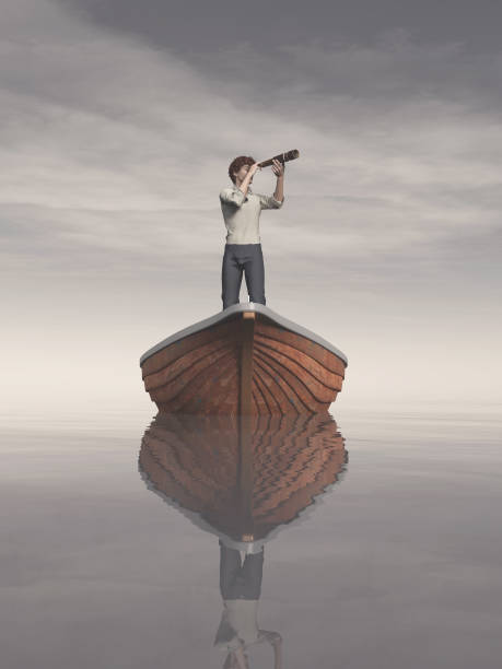 istock Man in a boat looking through the telescope 846386196