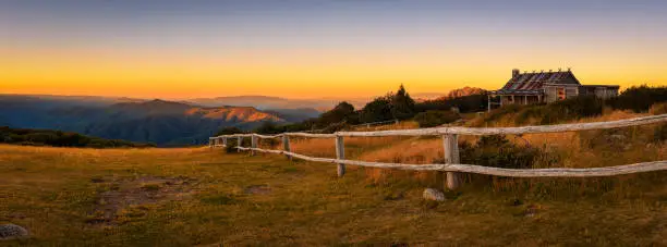 Sunset above Craigs Hut, built as the the set for Man from Snowy River movie in the Victorian Alps, Australia