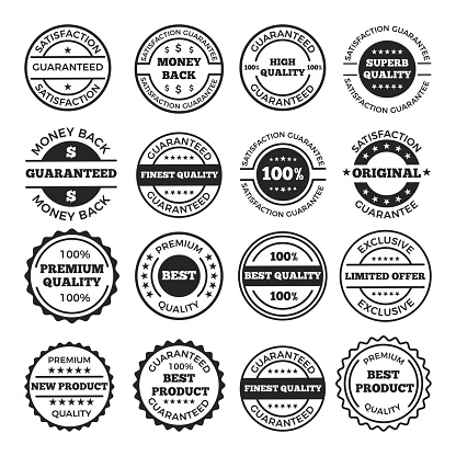 Guarantee badges and logos design set. Vector monochrome pictures with place for your text. Label and badge guarantee satisfaction illustration