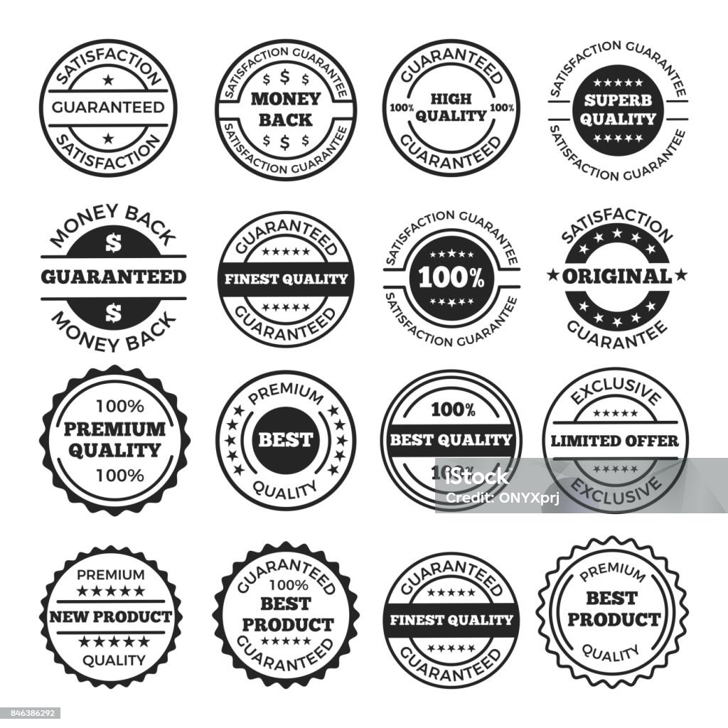 Guarantee badges and logos design set. Vector monochrome pictures with place for your text Guarantee badges and logos design set. Vector monochrome pictures with place for your text. Label and badge guarantee satisfaction illustration Logo stock vector