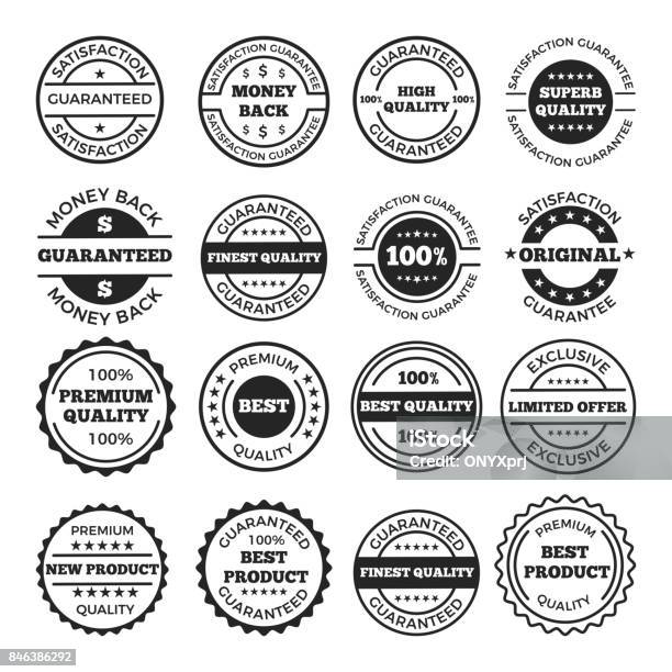 Guarantee Badges And Logos Design Set Vector Monochrome Pictures With Place For Your Text Stock Illustration - Download Image Now