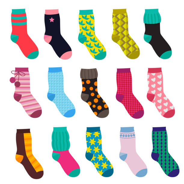 ilustraciones, imágenes clip art, dibujos animados e iconos de stock de divertidos calcetines con diversos patrones. ilustraciones de vectores en estilo de dibujos animados - sock wool multi colored isolated