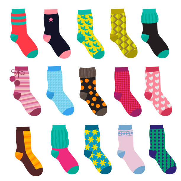 illustrazioni stock, clip art, cartoni animati e icone di tendenza di calzini divertenti con motivi diversi. illustrazioni vettoriali ambientate in stile cartone animato - sock wool multi colored isolated