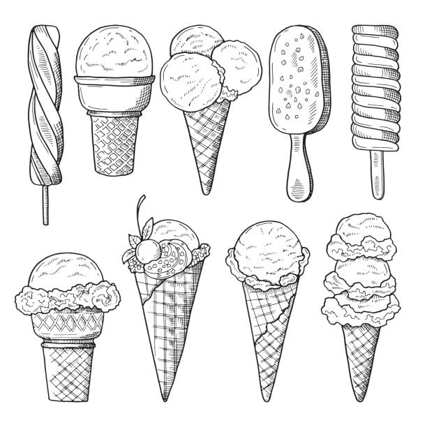 Hand drawn illustrations set of ice creams. Vector sketch Hand drawn illustrations set of ice creams. Vector sketch. Ice cream drawing doodle collection ice drawings stock illustrations