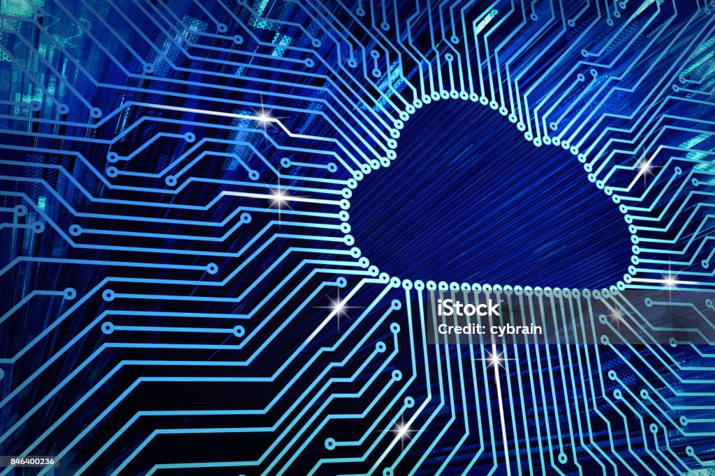 Cloud computing and network security technology concept Blue circuit board with cloud symbol and connection links Cloud Computing Stock Photo