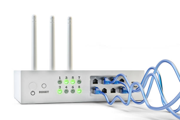 네트워크 ��연결 및 인터넷 통신 개념 - cable network server network connection plug green 뉴스 사진 이미지