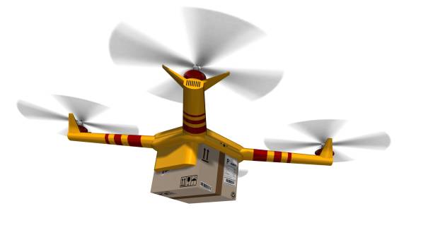 istock yellow delivery drone - drone delivery a cardboard package - isolated on white 846410996