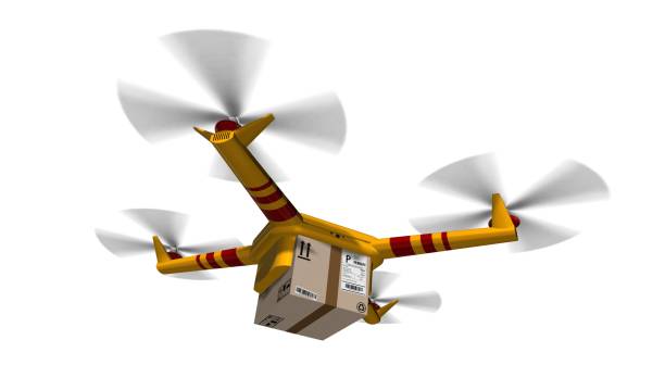 istock yellow delivery drone - drone delivery a cardboard package - isolated on white 846411652