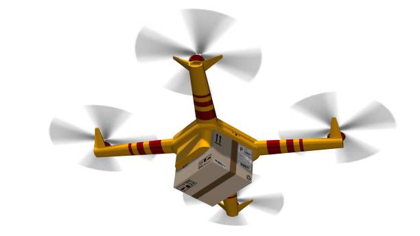 istock yellow delivery drone - drone delivery a cardboard package - isolated on white 846411876