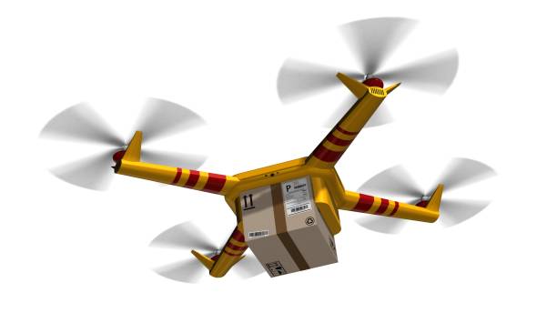 istock yellow delivery drone - drone delivery a cardboard package - isolated on white 846414342