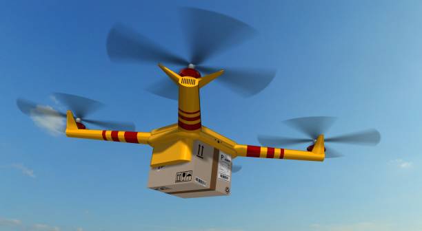 istock yellow delivery drone - drone delivery a cardboard package 846416446