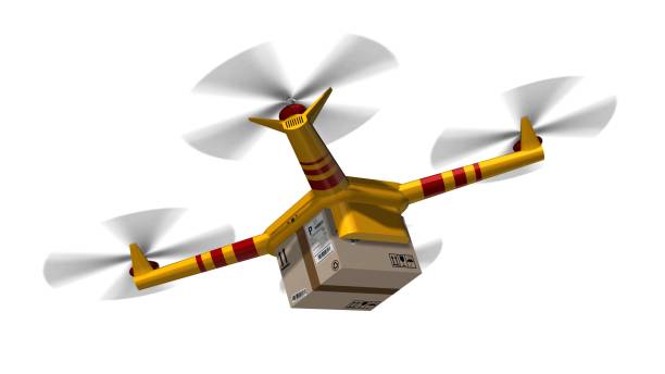 istock yellow delivery drone - drone delivery a cardboard package - isolated on white 846418418
