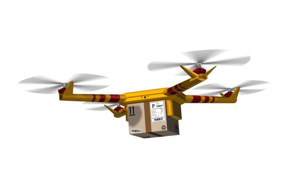 istock yellow delivery drone - drone delivery a cardboard package - isolated on white 846418480