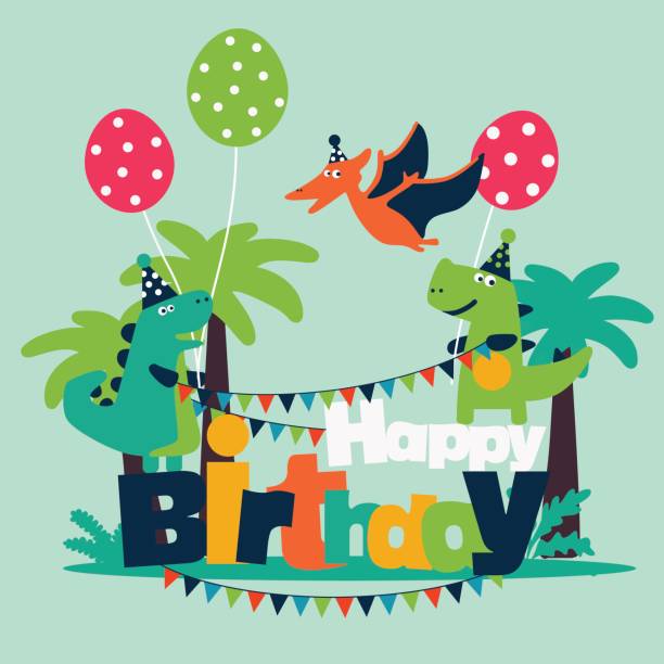 alles gute zum geburtstag - schöne vektor karte mit lustige dinosaurier, luftballons und girlanden. ideal für karten, einladungen, party, banner, kindergarten, vorschule und kinder zimmer dekoration - baby congratulating toy birthday stock-grafiken, -clipart, -cartoons und -symbole