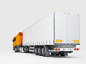 Logistics concept. Cargo truck transporting goods isolated on white background. Rear view. 3D illustration