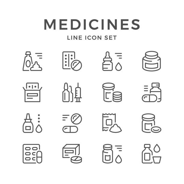 ilustrações, clipart, desenhos animados e ícones de linha de conjunto de ícones de medicamentos - symbol healthcare and medicine prescription icon set