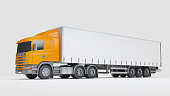 Logistics concept. Cargo truck transporting goods isolated on white background. Side view. 3D illustration