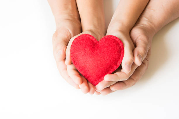 istock Red felt heart in childs and mens hands on white background. View from above. Copy space. 846428574
