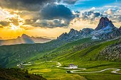 Sunset over Pass Giau. Dolomites alps. Italy
