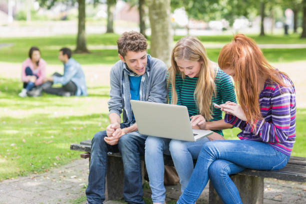 молодые студенты используют ноутбук в парке - long hair red hair women men стоковые фото и изображения