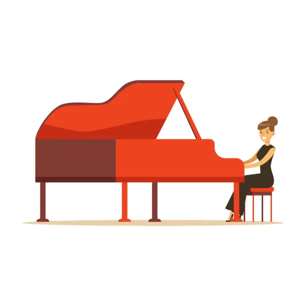 Vector illustration of Beautiful woman in black dress playing red grand piano vector Illustration