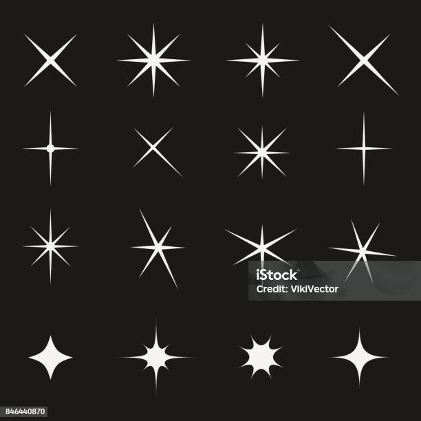 Twinkling Stella Set Luminoso Su Nero - Immagini vettoriali stock e altre immagini di Scintillante - Scintillante, A forma di stella, Brillante