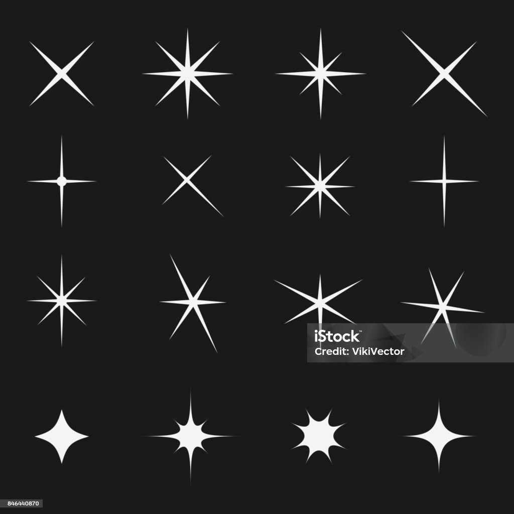 Twinkling star set bright on black Twinkling star set. Gift diamond decoration and christmas fairy lights, sky holiday firework. Vector flat style illustration isolated on black background Glittering stock vector