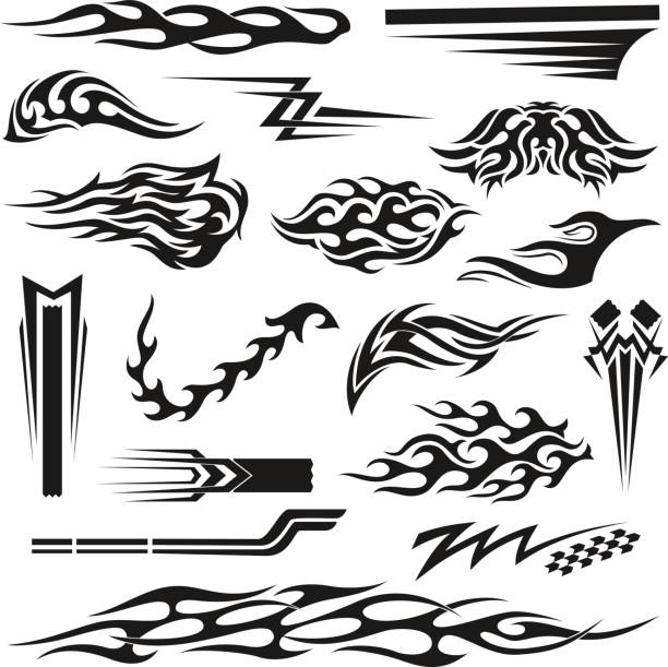 Vinyl decoration black graphic collection Vinyl art decoration stickers for cars, unique and handmade ornaments, accessory laptop, mug, binders, bike, planner. Vector flat style illustration isolated on white background tattoo designs stock illustrations