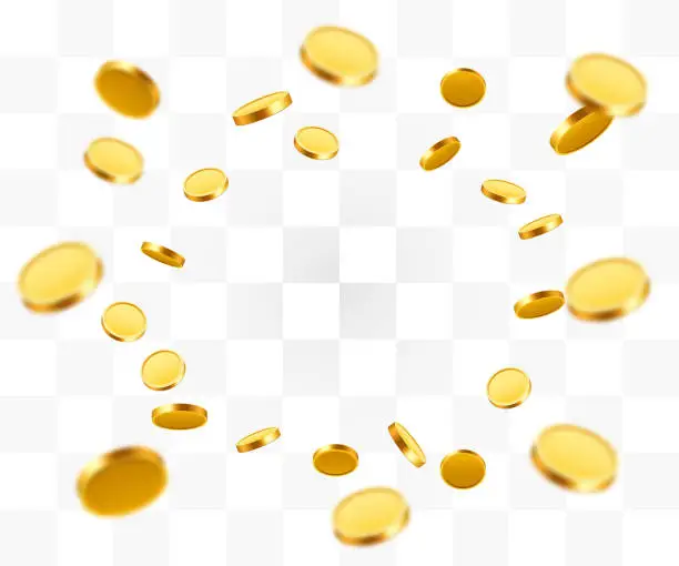 Vector illustration of Realistic Gold Coins explosion. Isolated on transparent background.