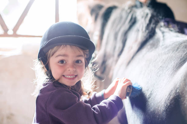 bambina che spazzola il suo pony - horse child pony little girls foto e immagini stock