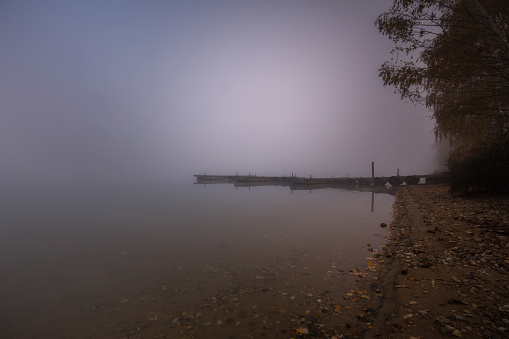Lake with fog in the early morning