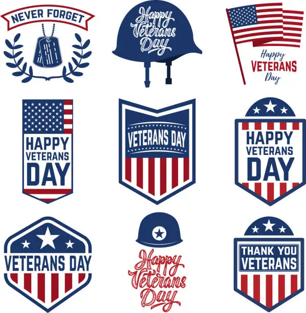 Vector illustration of Set of veterans day emblems isolated on white background. Design elements for label, emblem, sign. Vector illustration