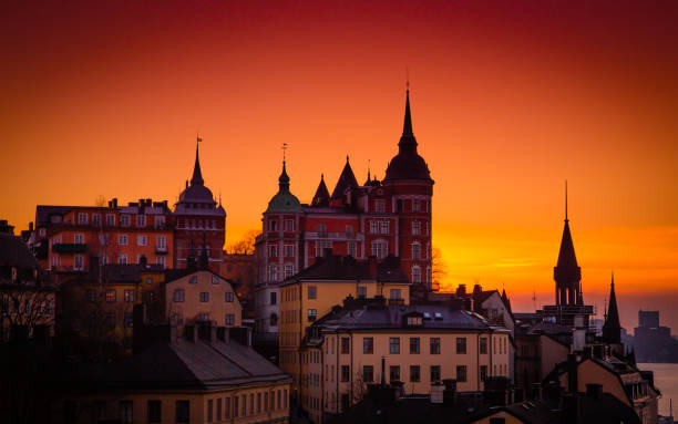 Stockholm Sunset Silhouettes Collection of Spires in Silhouette, Stockholm, Sweden sodermalm photos stock pictures, royalty-free photos & images