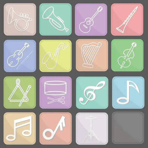 Vector illustration of set of musical icons in the style of flat
