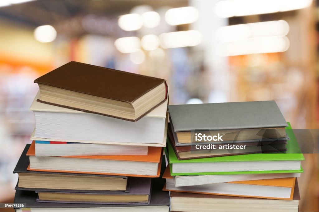 Education. Colorful books collection on library background Backgrounds Stock Photo